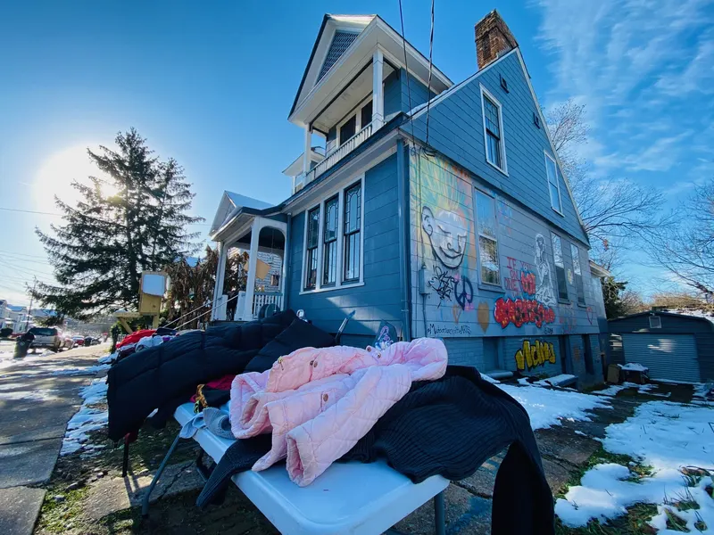 The mural-covered house in winter
