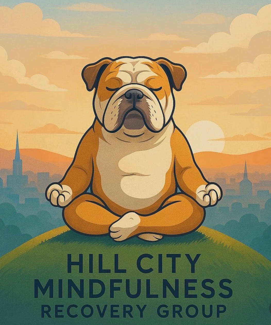 Hill City Mindfulness Recovery Group poster: a bulldog meditating on a hill at sunrise over Lynchburg